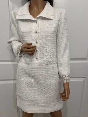CC Buttons White Tweed Long-Sleeve Button Dress with Lace Trim